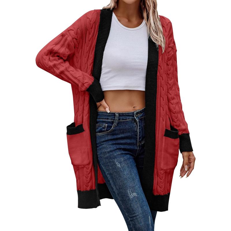 PRETTYGARDEN Womens 2023 Fall Cable Knit Cardigan Sweaters Casual Long Sleeve Open Front Loose Outerwear CoatsRed 